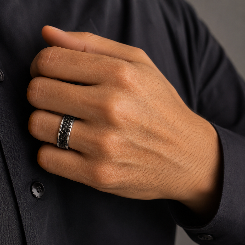Multiple Round Cut Black Diamond Mens Eternity Pave Ring