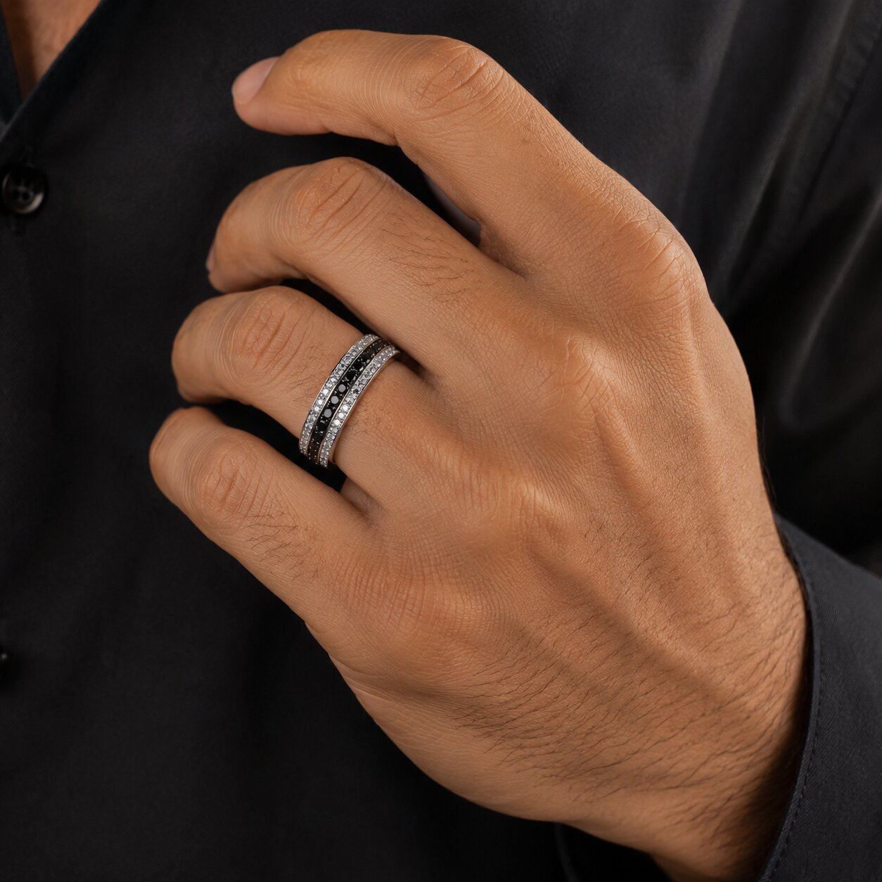 Channel Set Round Black and White Diamond Men's Wedding Band