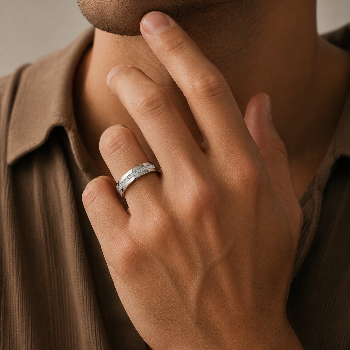 1.1 ct Round Cut Lab Grown Diamond 14K White Gold Pave Ring For Him