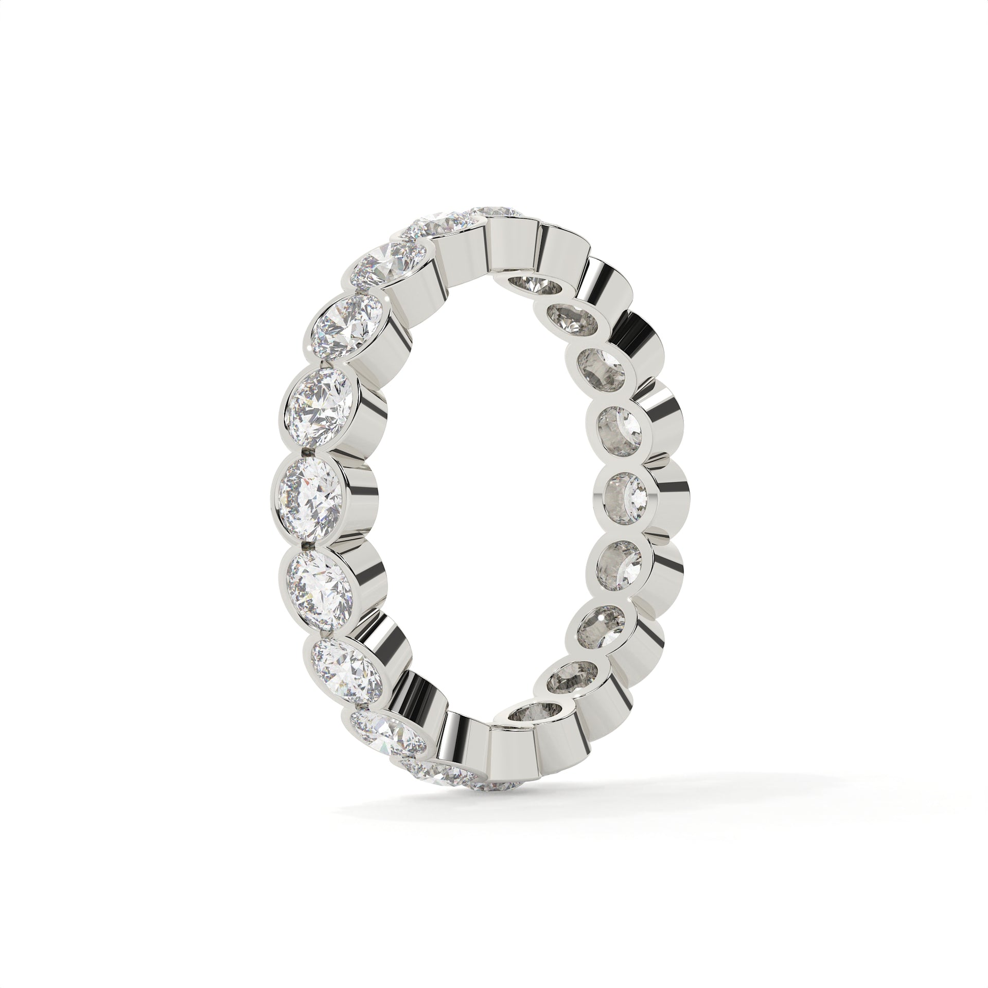 Silver ring with diamond accents on a white background