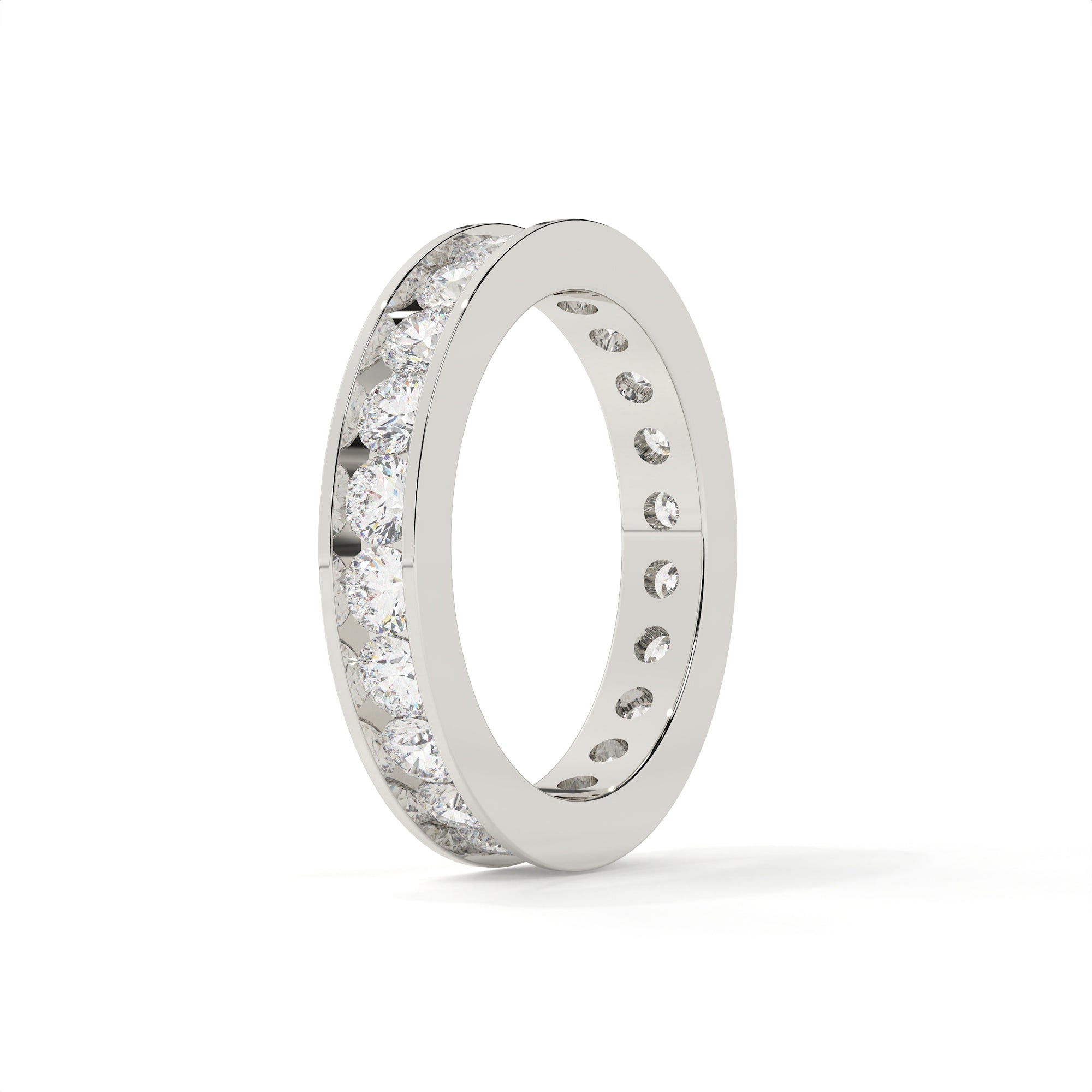 Silver ring with embedded diamonds on a white background