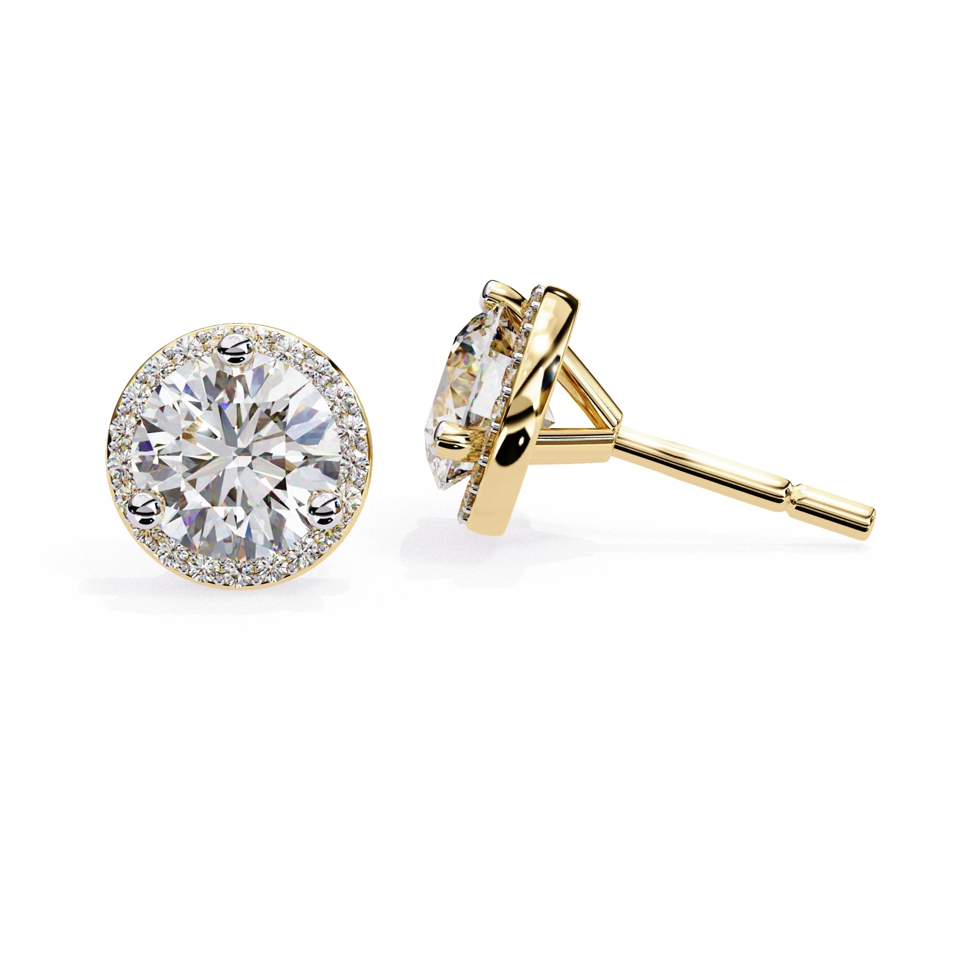 Gold stud earrings with clear gemstones on a white background