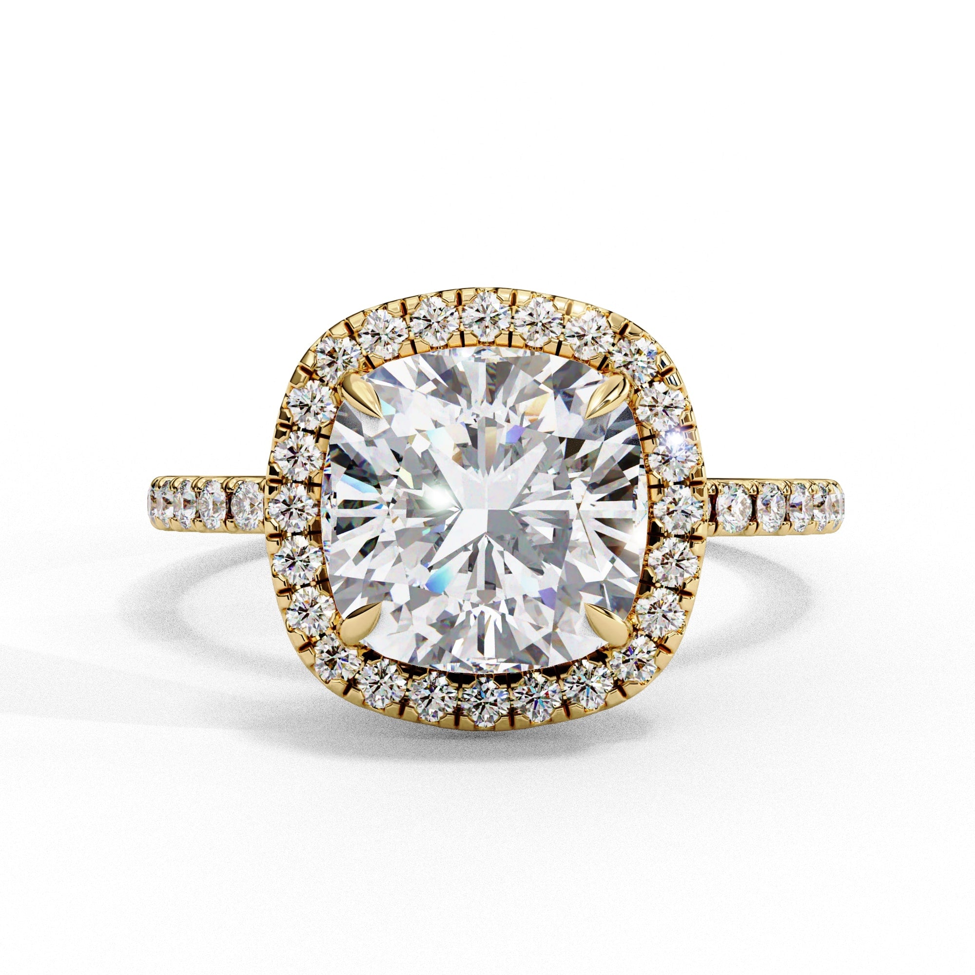 Gold ring with a large diamond and smaller diamonds around on a white background