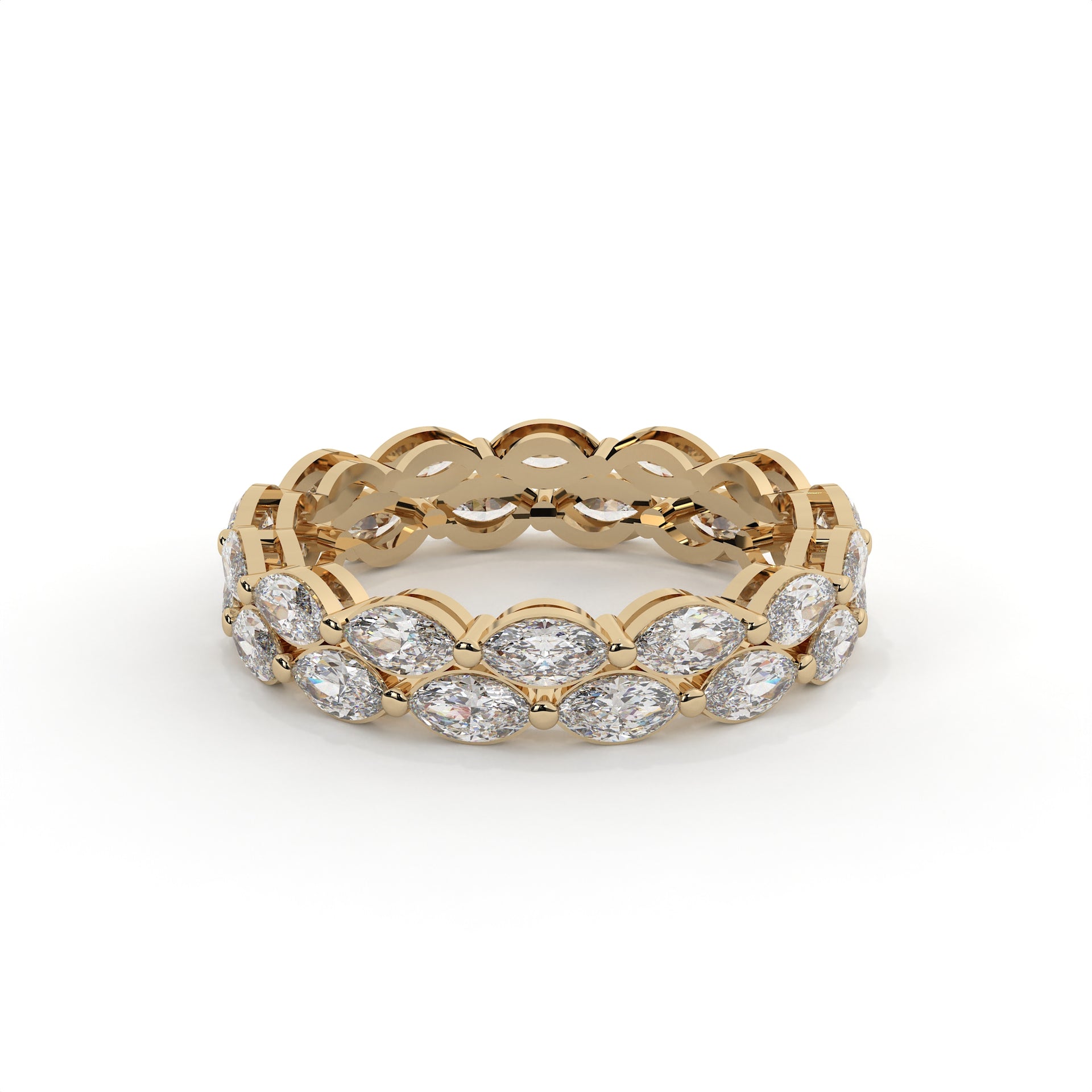 Gold ring with diamond stones on a white background