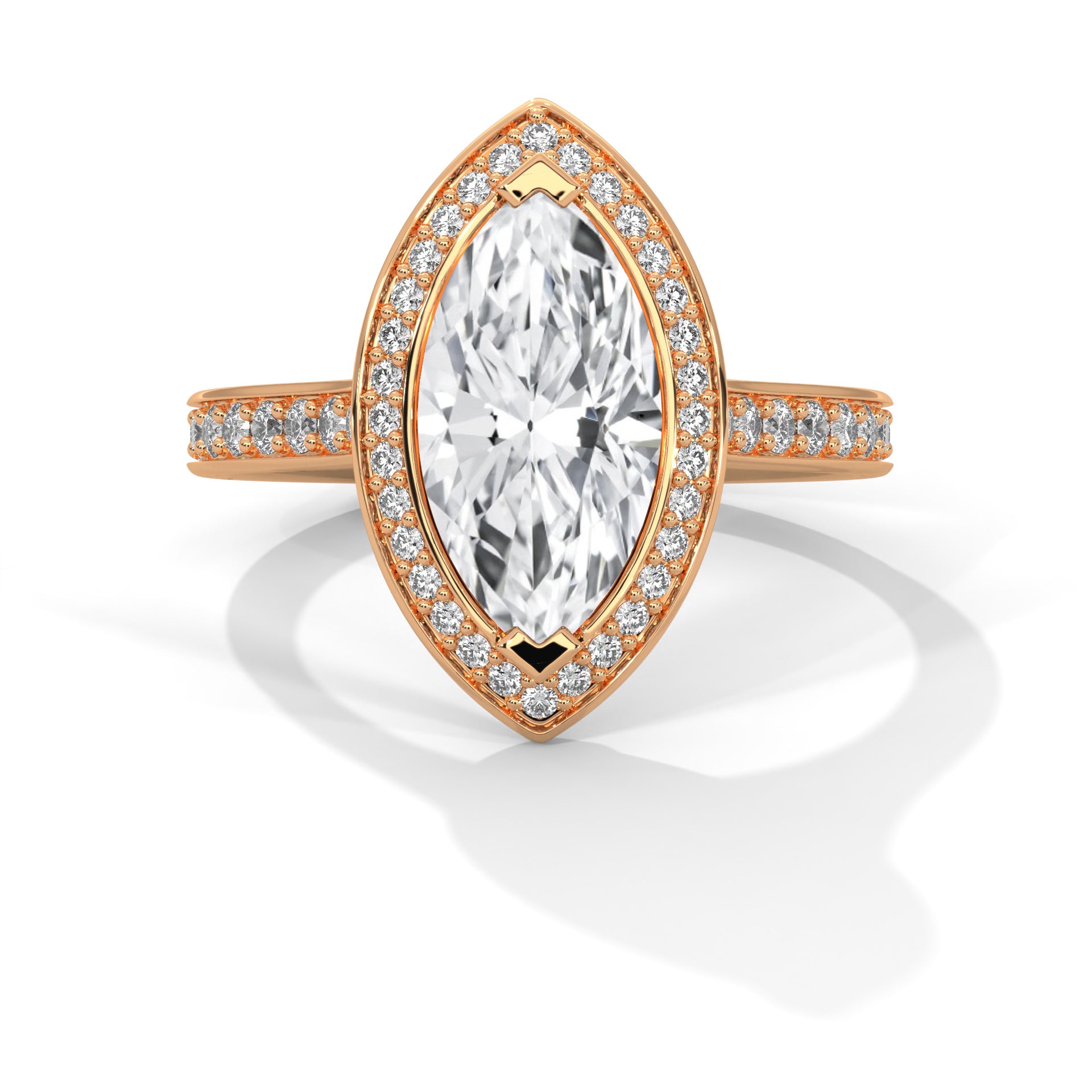 Rose gold ring with a large diamond and smaller diamonds on the band against a white background