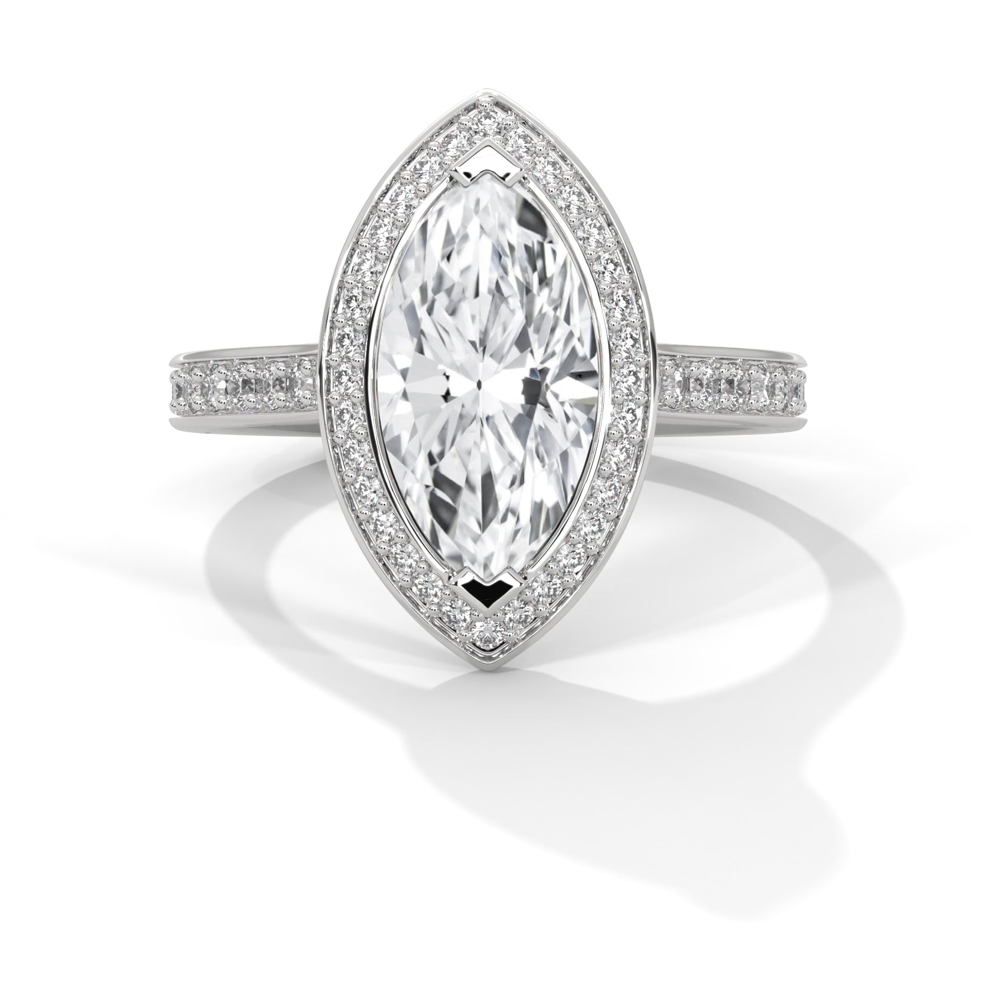 Diamond ring with a marquise-shaped center stone on a white background