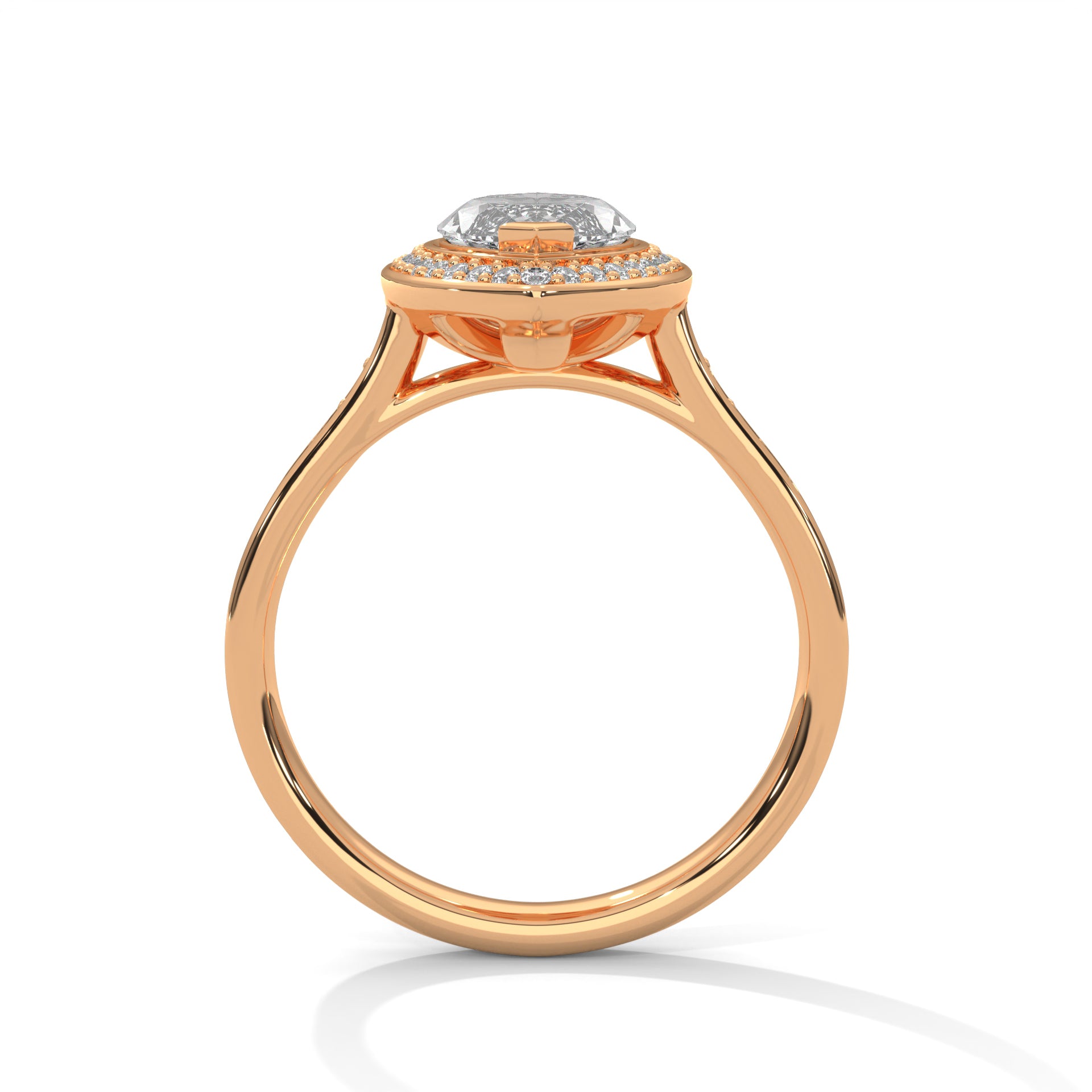 Rose gold ring with a diamond on a white background