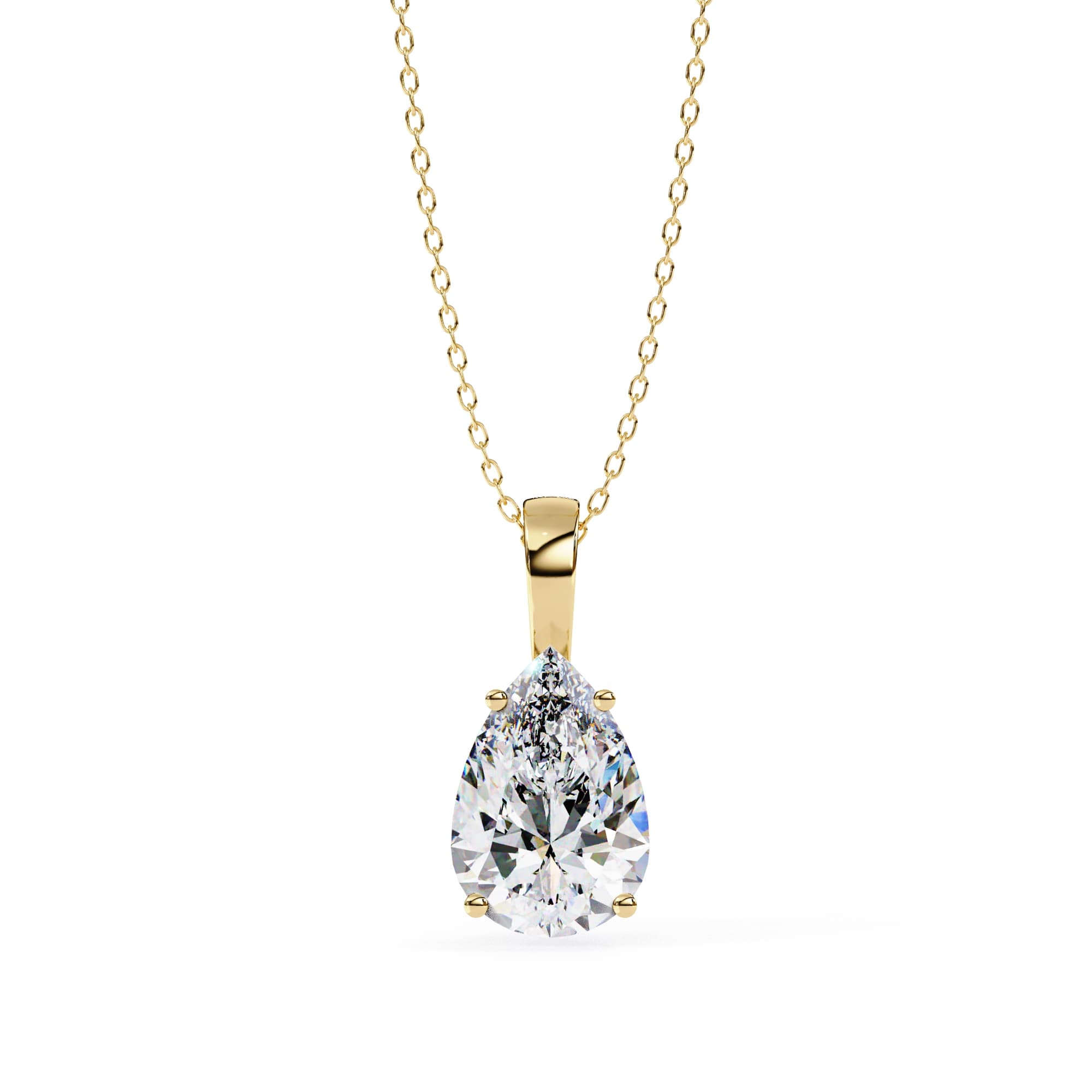 Gold necklace with a teardrop-shaped diamond pendant on a white background