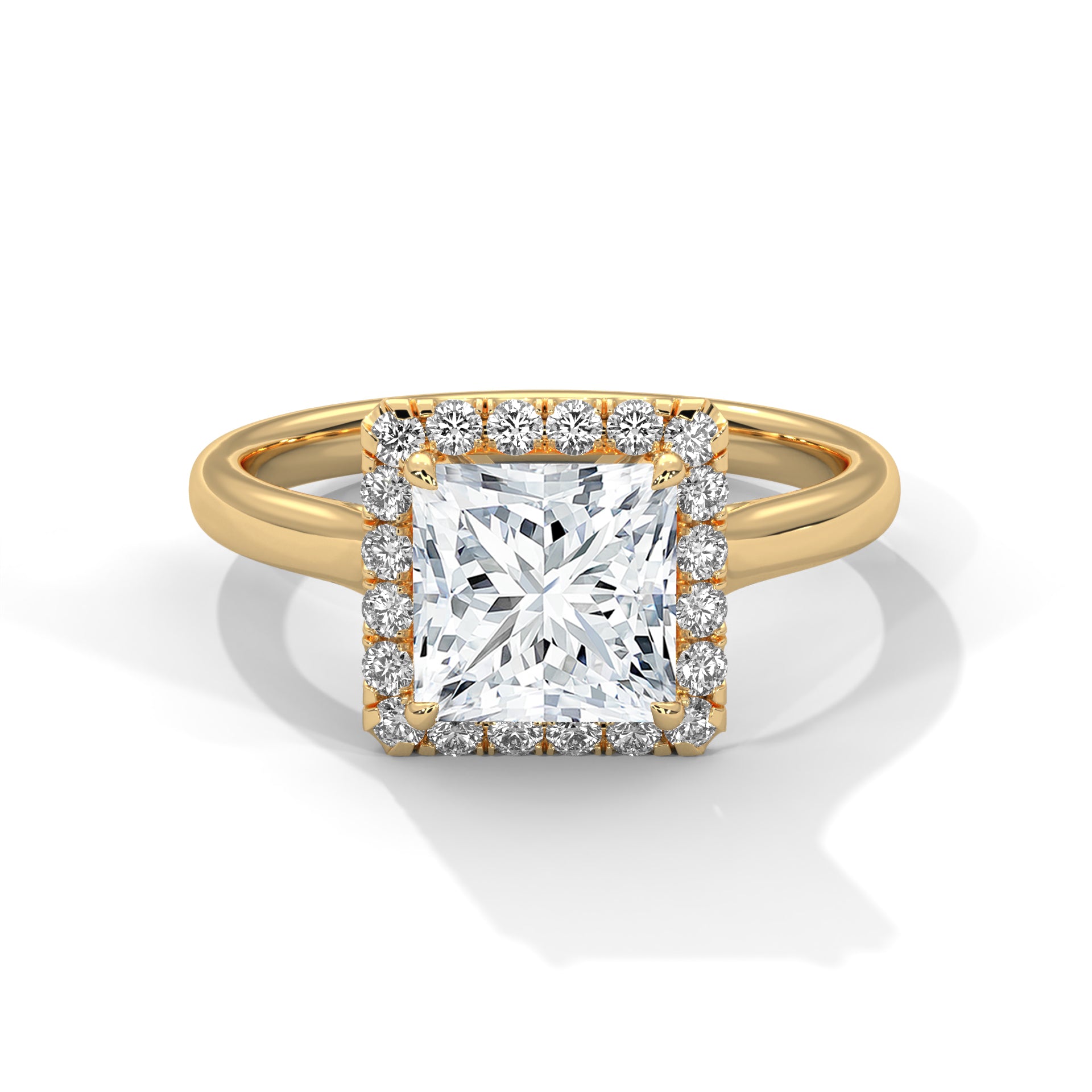 Gold ring with a large diamond and smaller diamonds around on a white background
