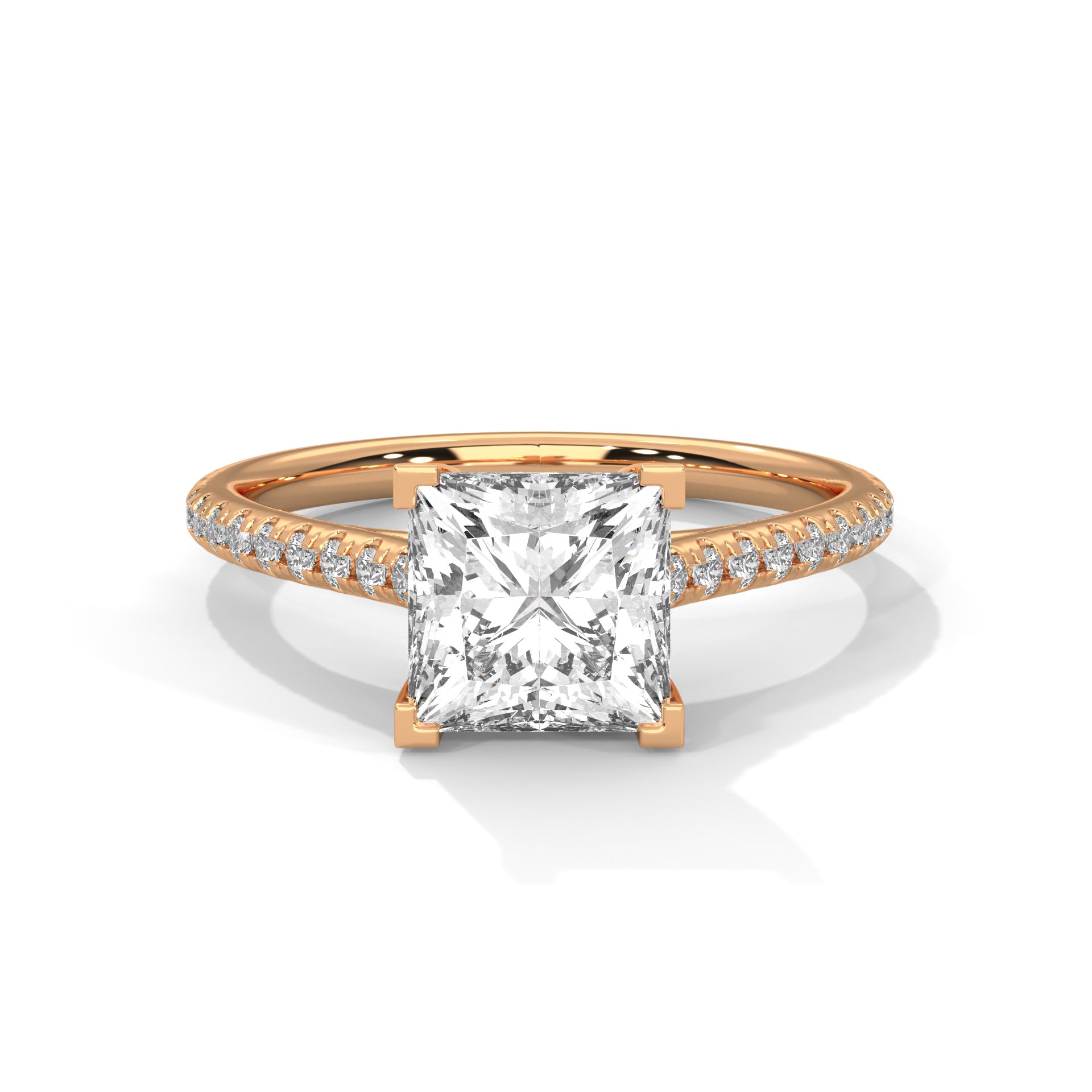 Rose gold ring with a large diamond and smaller diamonds on the band against a white background
