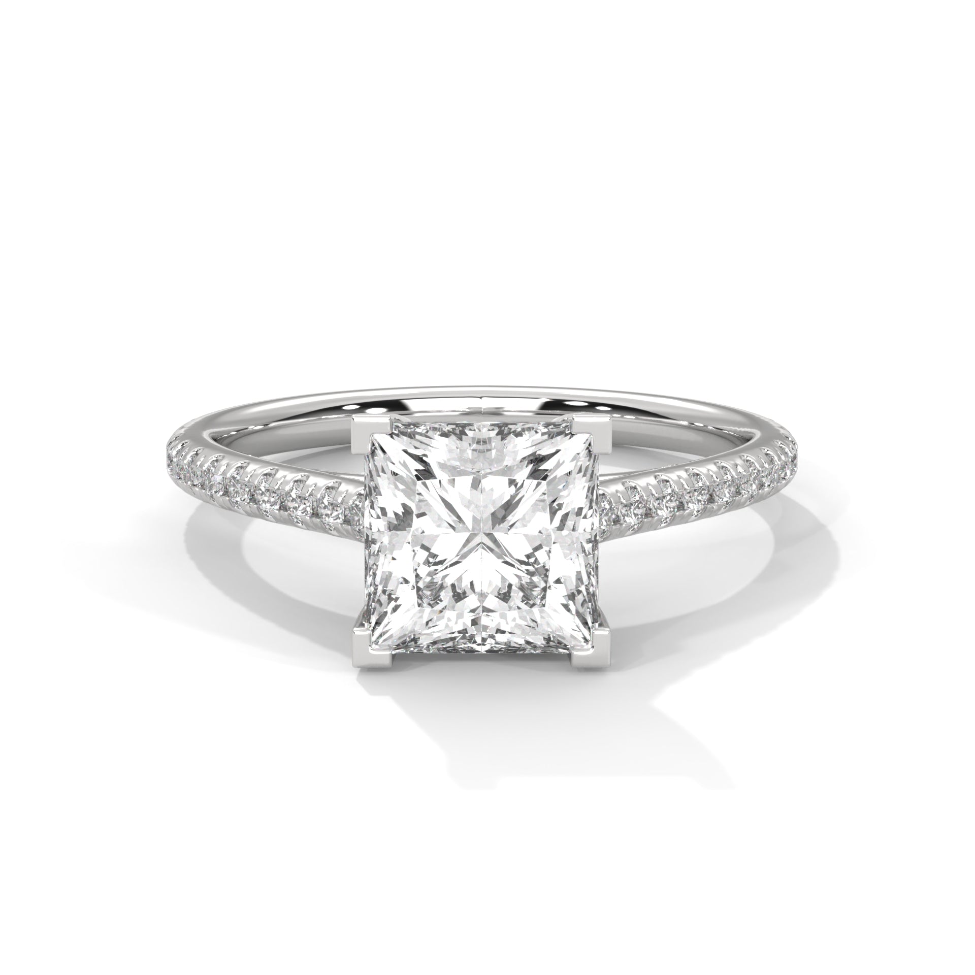 Diamond ring with a square-cut gemstone on a white background