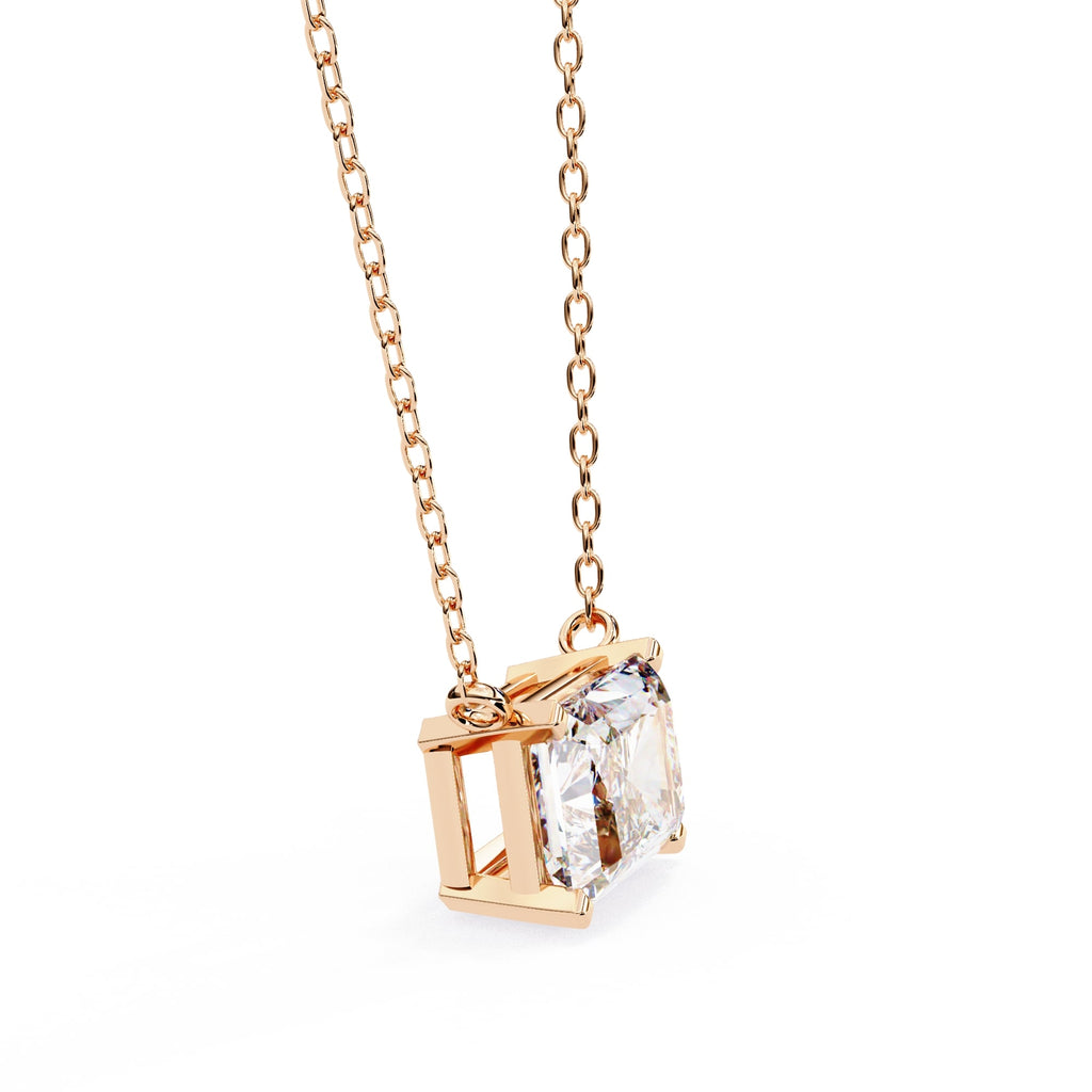 Rose gold necklace with a diamond pendant on a white background
