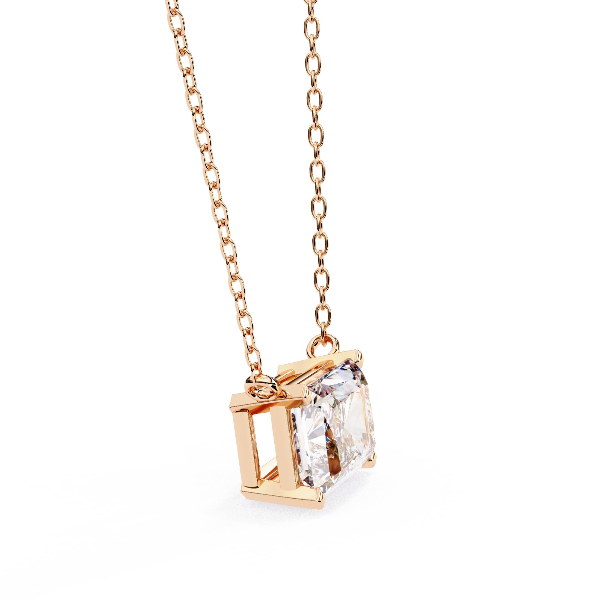 Rose gold necklace with a diamond pendant on a white background