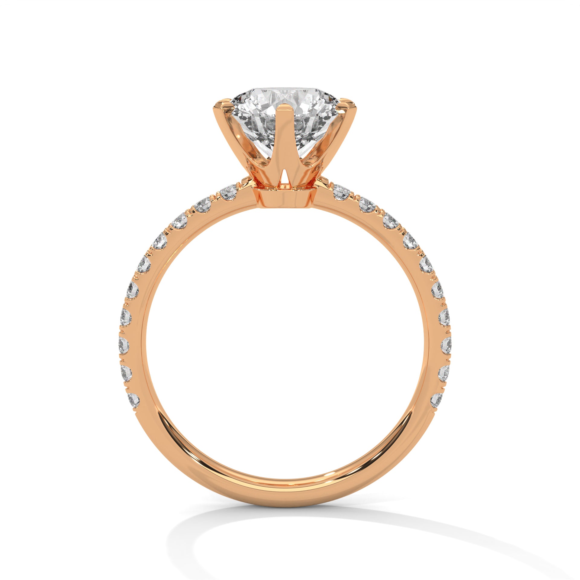 Rose gold ring with a diamond on a white background