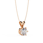 Rose gold necklace with a diamond pendant on a white background