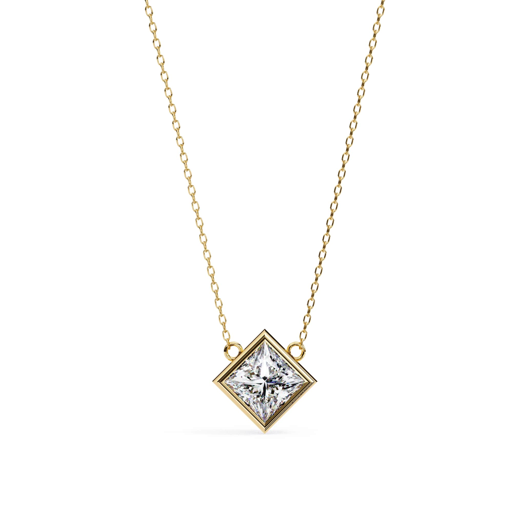 Gold necklace with a square-cut diamond pendant on a white background