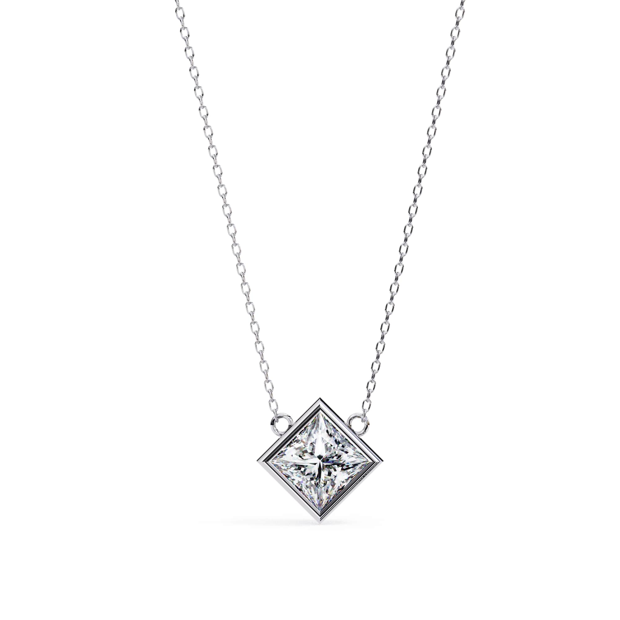 Diamond necklace with a square pendant on a white background