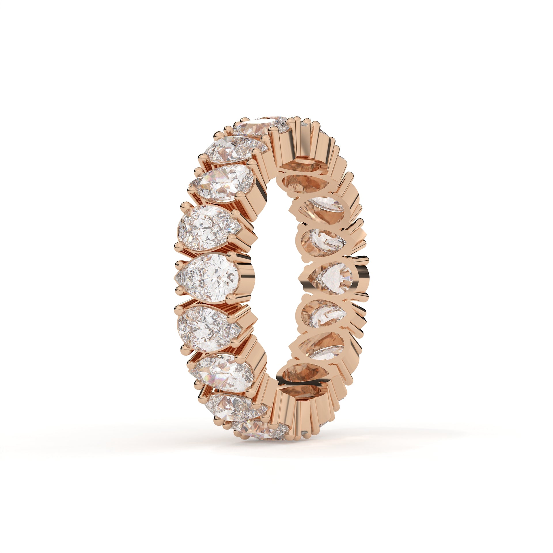 Rose gold ring with diamonds on a white background