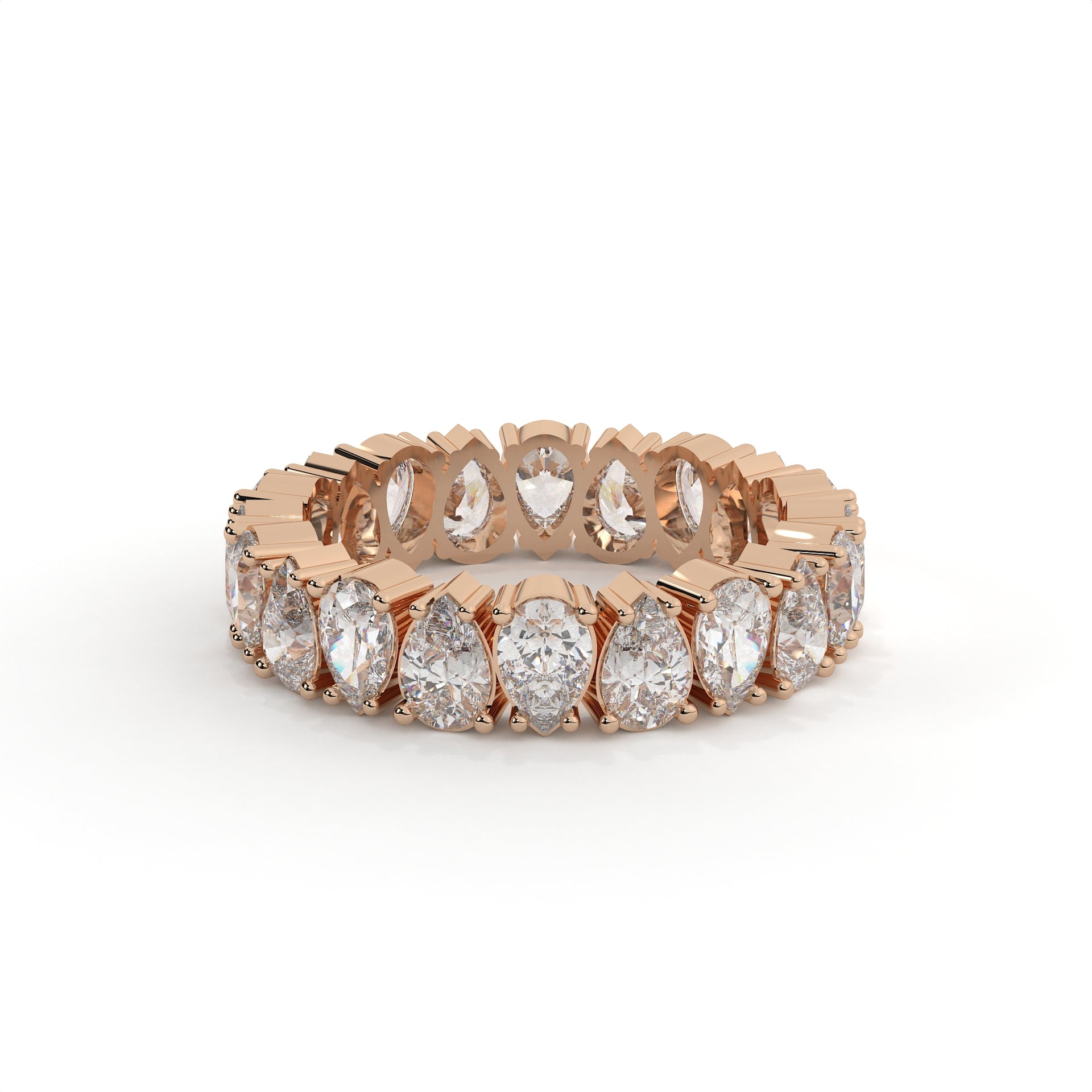 Rose gold ring with pear-shaped diamonds on a white background