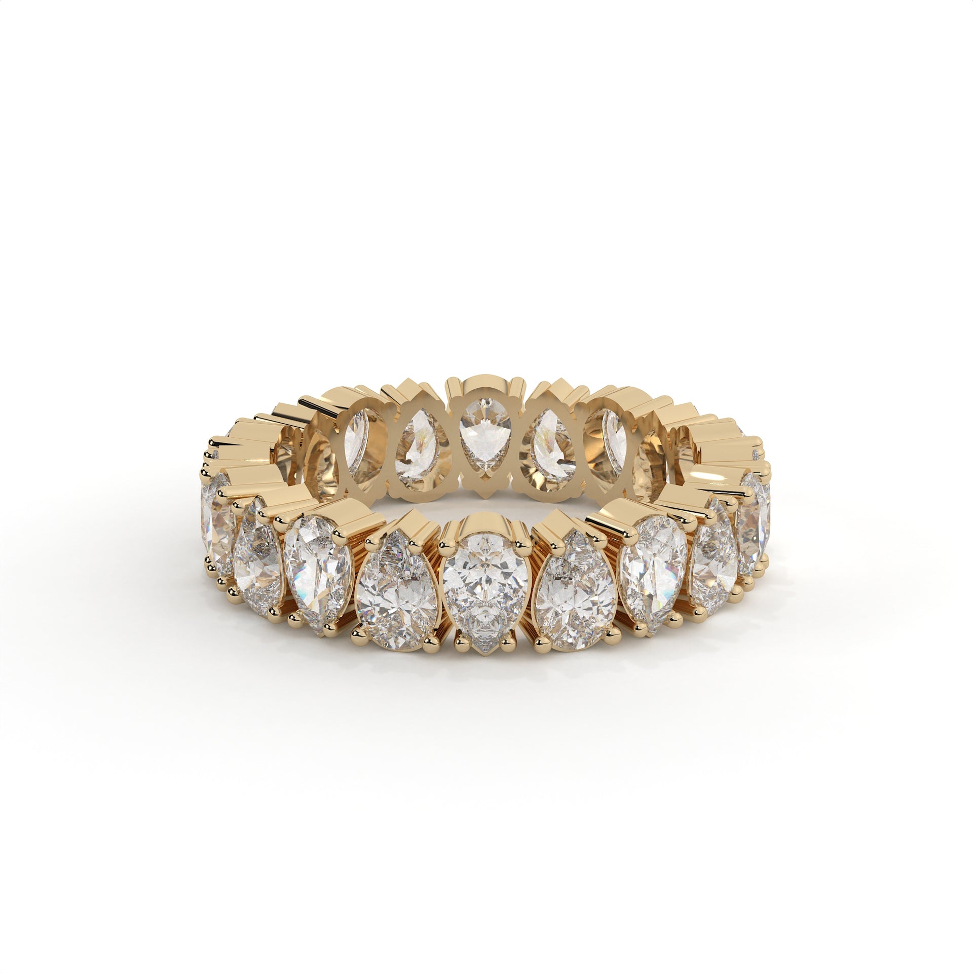 Gold ring with pear-shaped diamonds on a white background