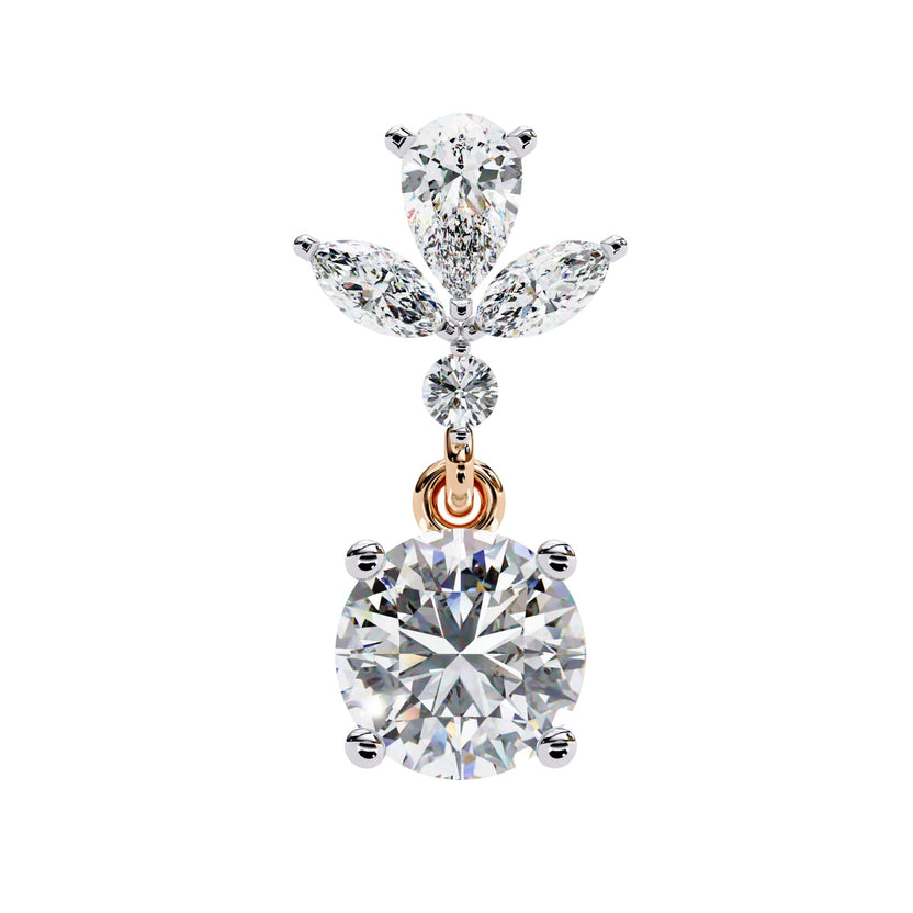 Rose gold lab-grown diamond dangle earrings in round, marquise, and pear shape