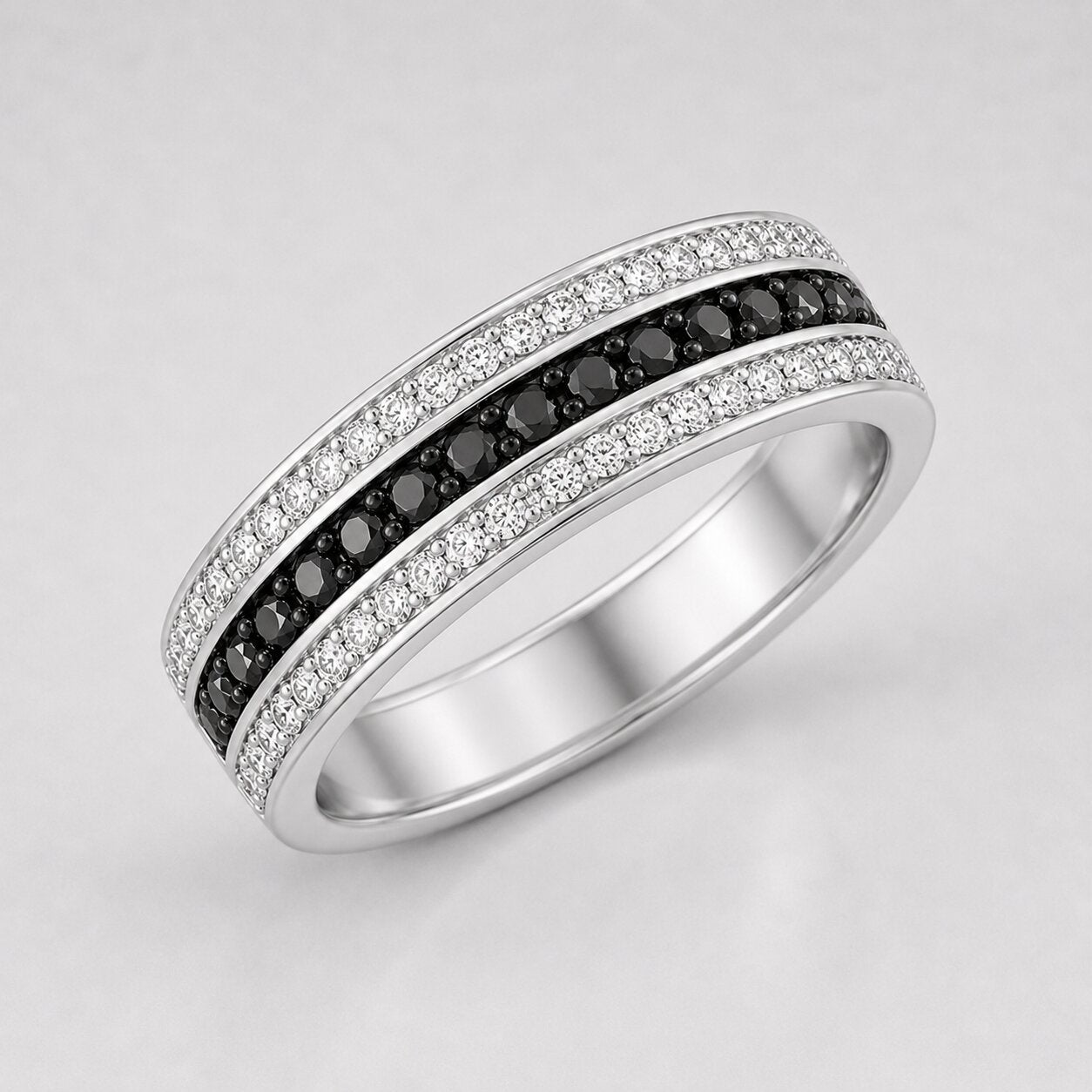 Channel Set Round Black and White Diamond Men's Wedding Band