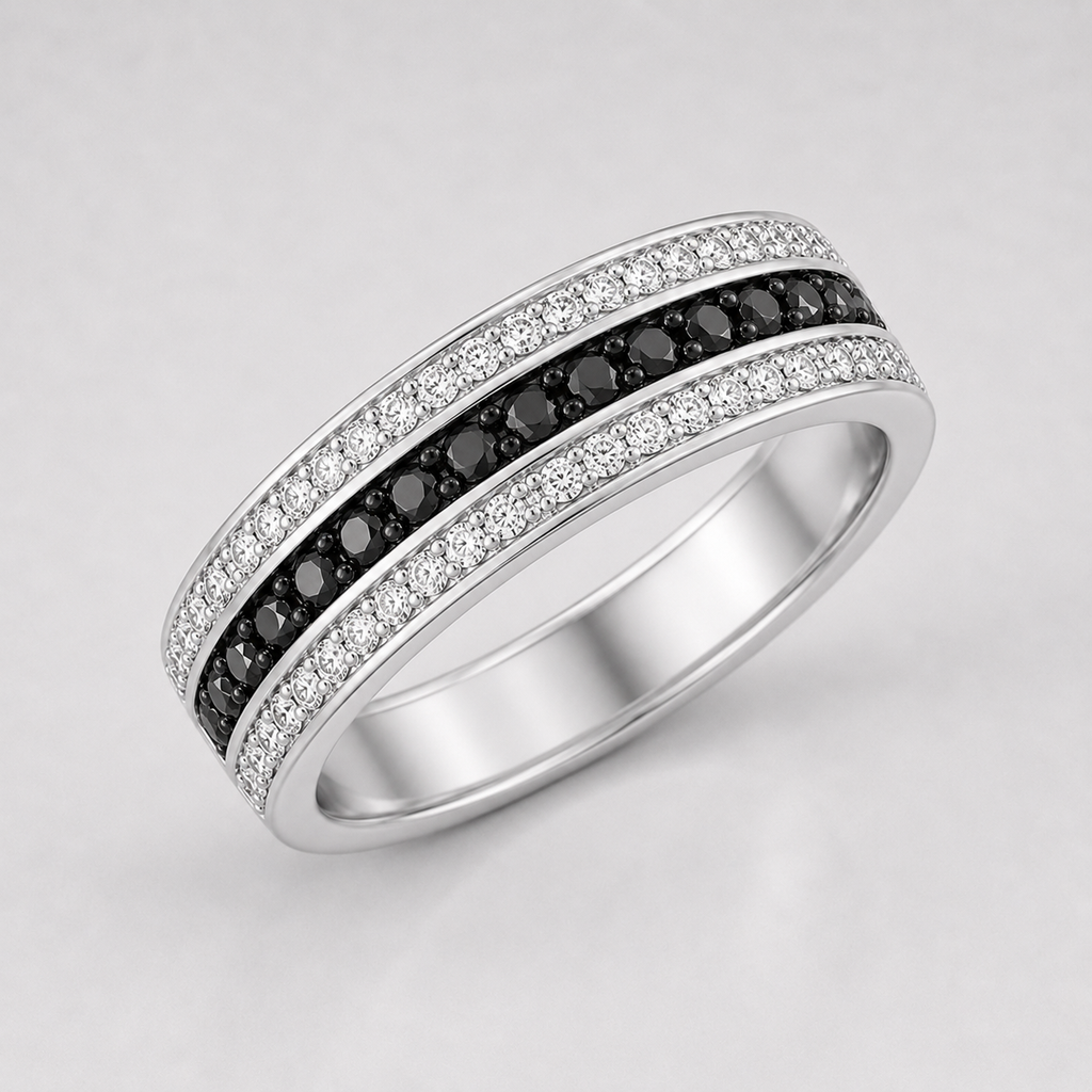 Channel Set Round Black and White Diamond Men's Wedding Band