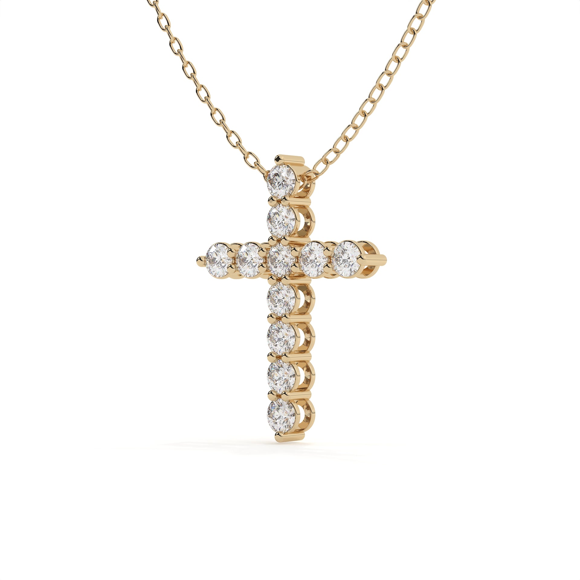 Round cut lab-grown diamond cross pendant in 14kt yellow gold chain.