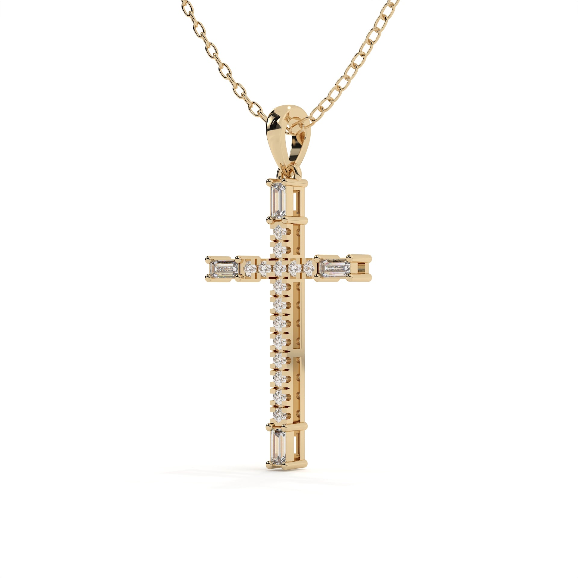 Round and Baguette lab-grown diamond Christ pendant in a yellow gold chain.