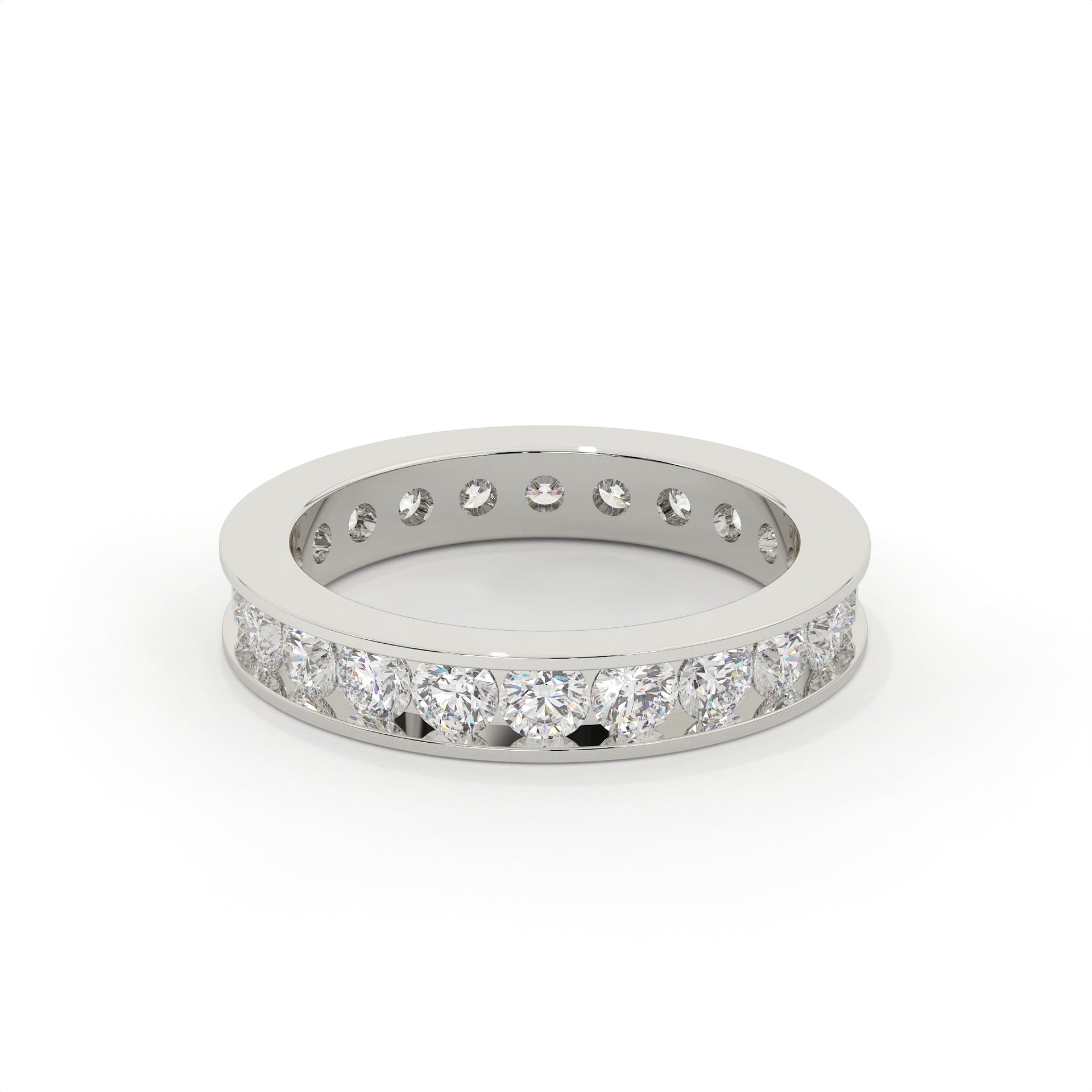 Silver ring with embedded diamonds on a white background