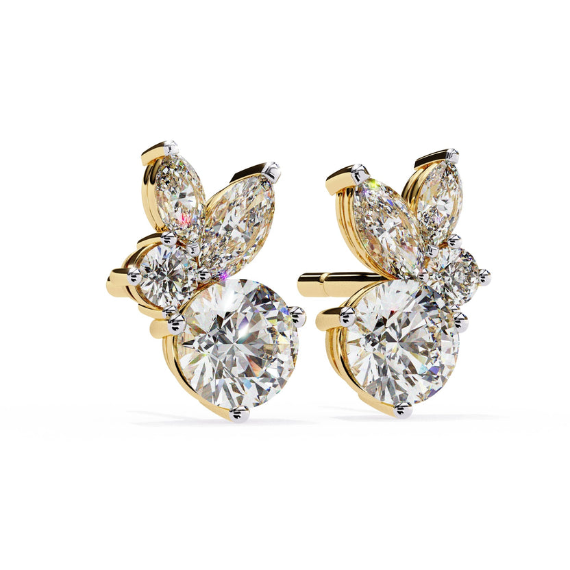 Round and marquise lab-grown diamond yellow gold earrings in prongs setting.