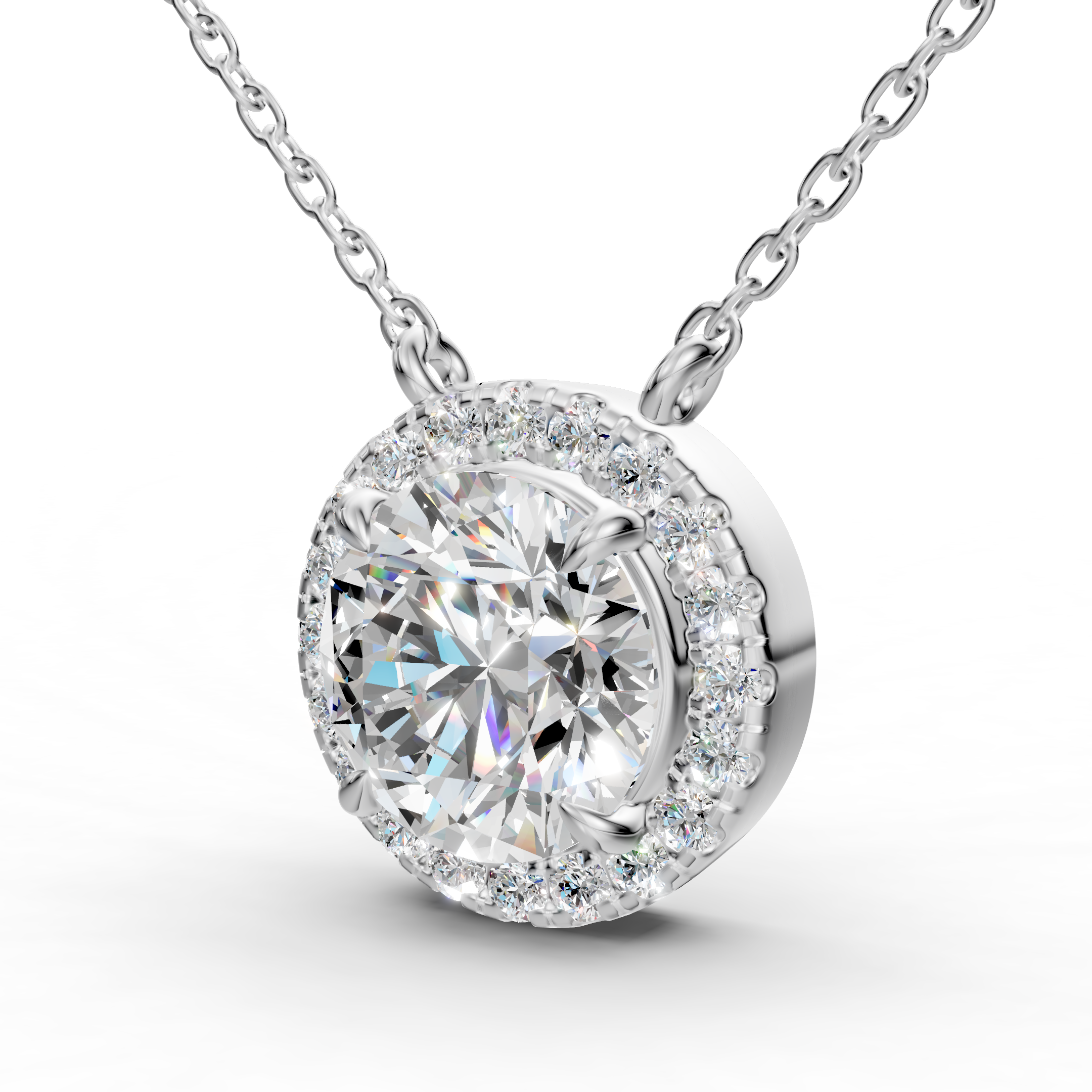 A round diamond pendant necklace with a halo setting and a central round-cut diamond, suspended from a delicate silver-toned chain against a white background.