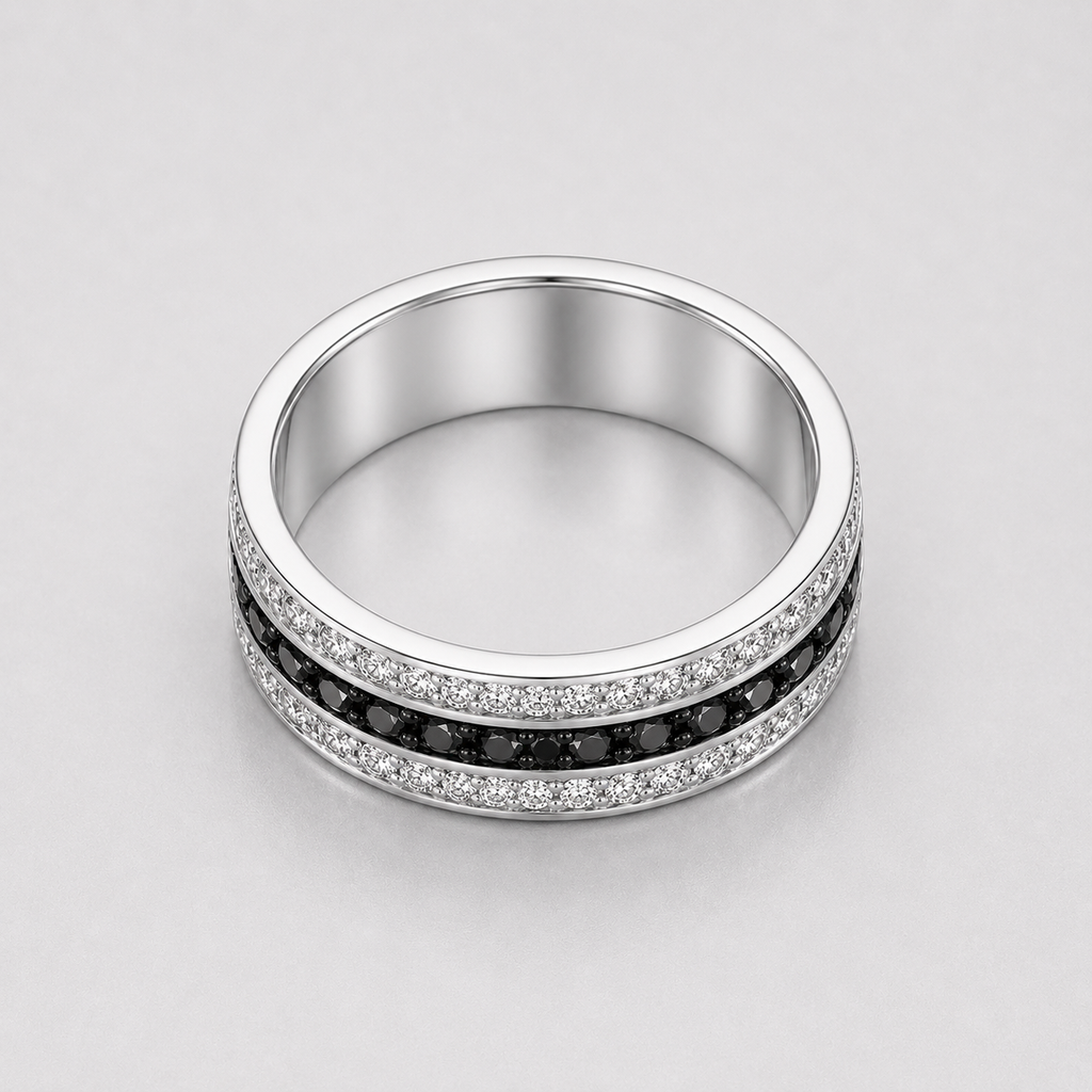 Channel Set Round Black and White Diamond Men's Wedding Band