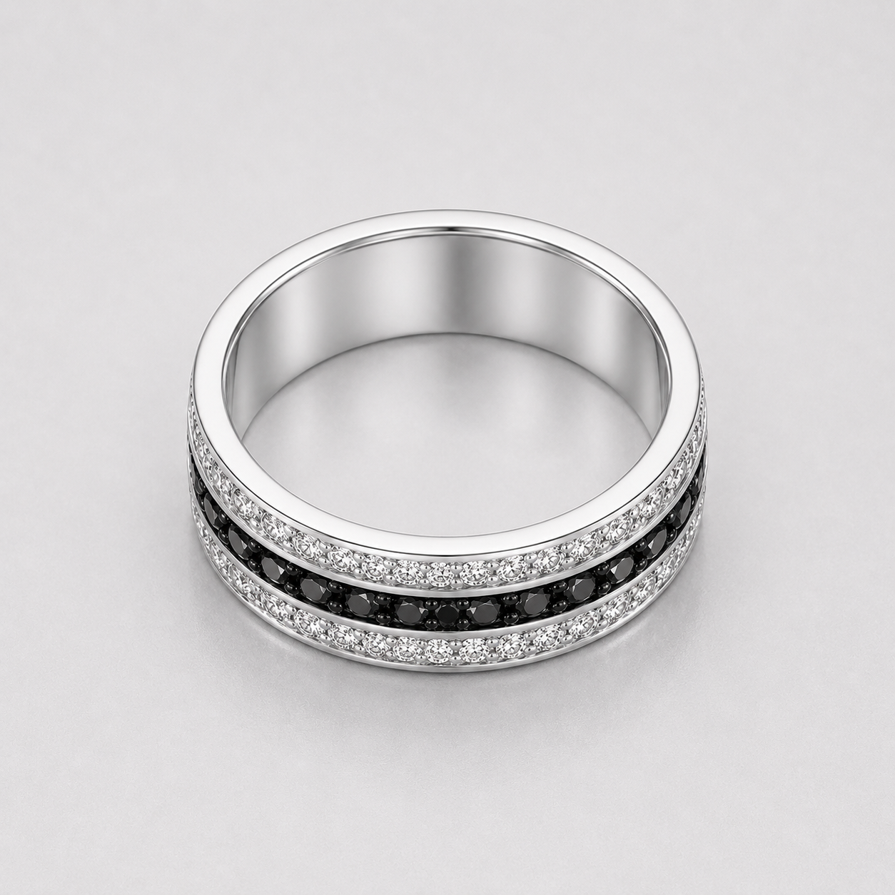 Channel Set Round Black and White Diamond Men's Wedding Band