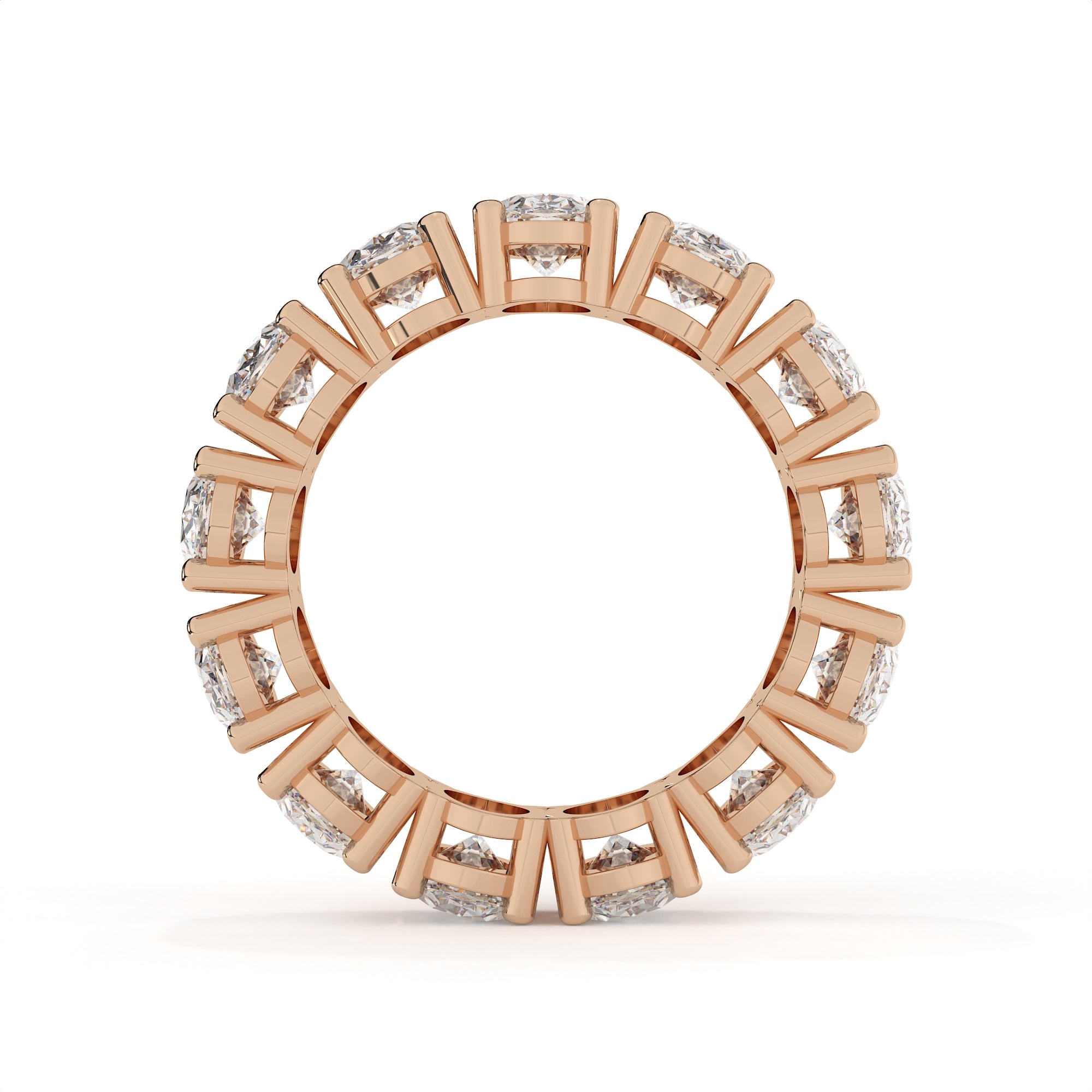 Rose gold ring with diamond accents on a white background