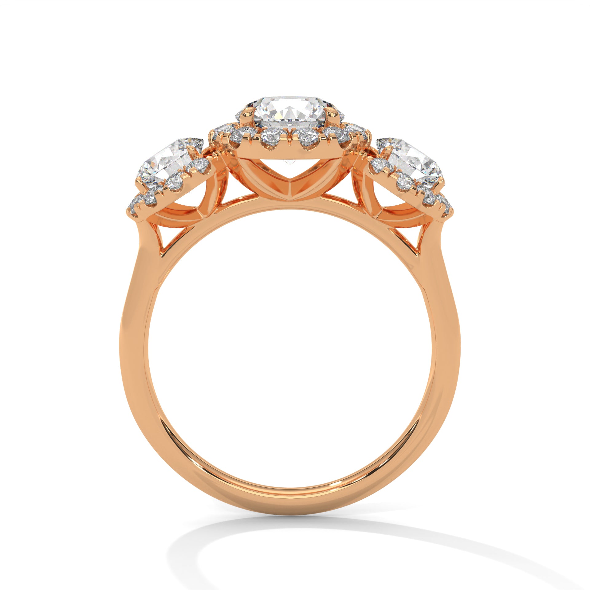 Round lab-grown diamond three-stone engagement ring in 18kt rose gold band and a customized design pattern.