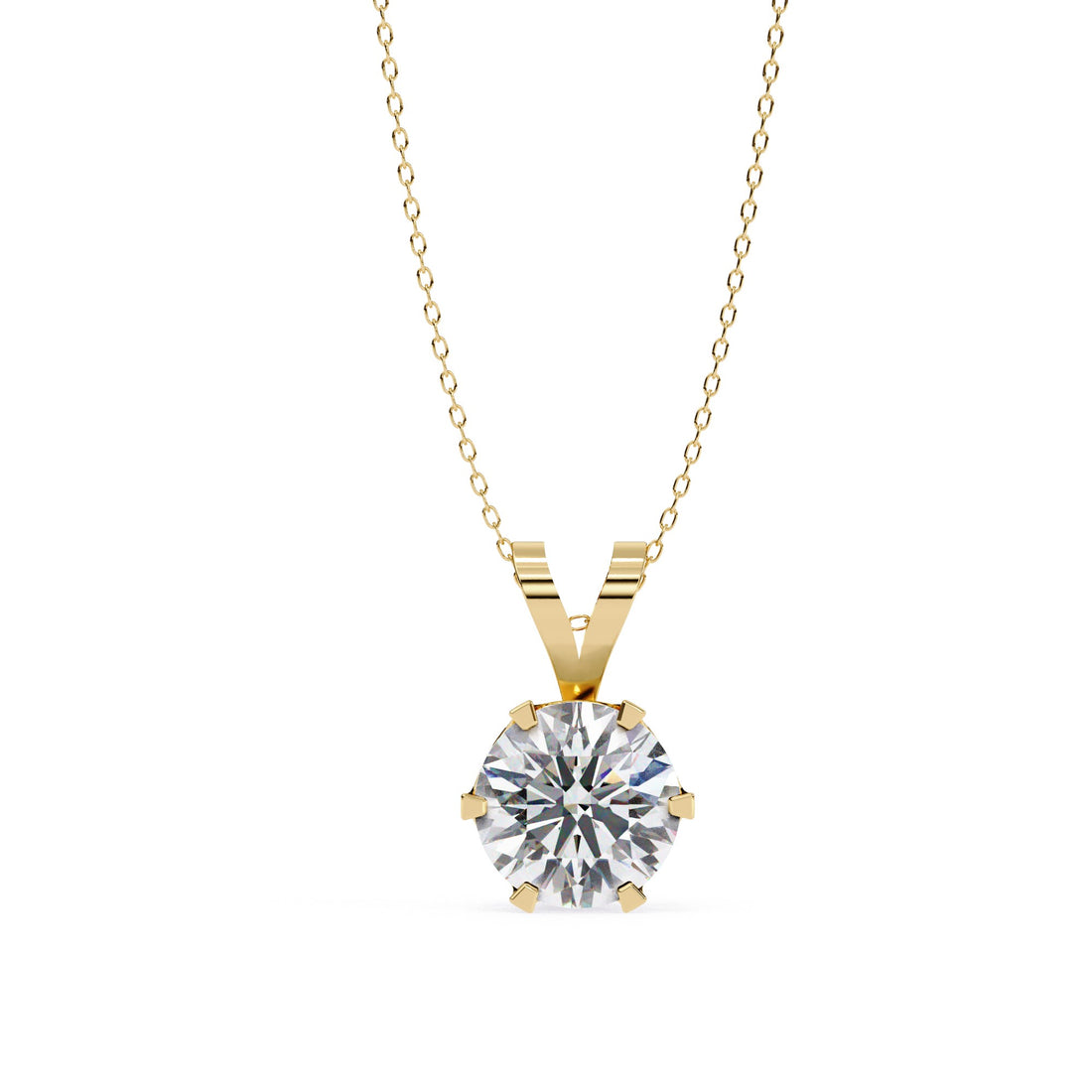 Gold necklace with a diamond pendant on a white background