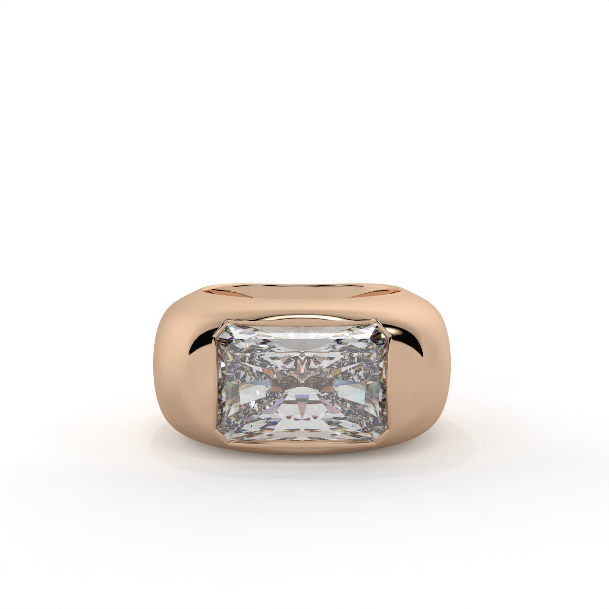 Rose gold ring with a large diamond on a white background
