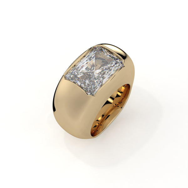 Gold ring with a large diamond on a white background