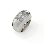 Silver ring with a large rectangular diamond on a white background