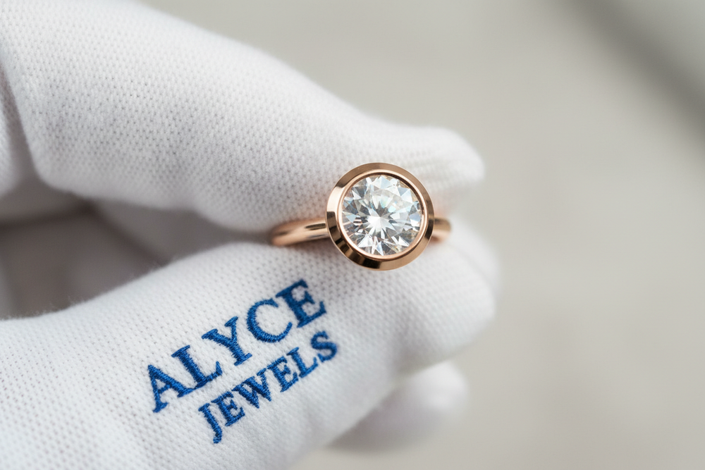8K close-up of a rose gold bezel-set ring held between white cotton gloves with a blue serif Alyce Jewels logo on it. Clear metal edges and bright stone detail.