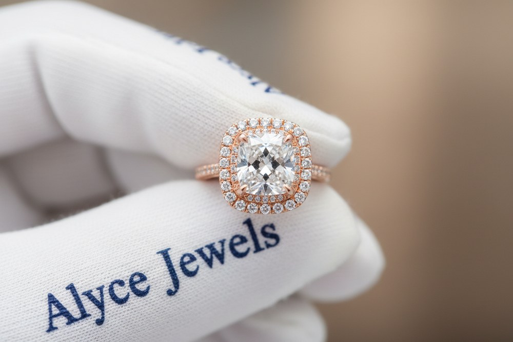 8K close-up of a rose gold cushion halo ring held between white gloves with a deep blue serif Alyce Jewels print on it. Highly detailed halo texture