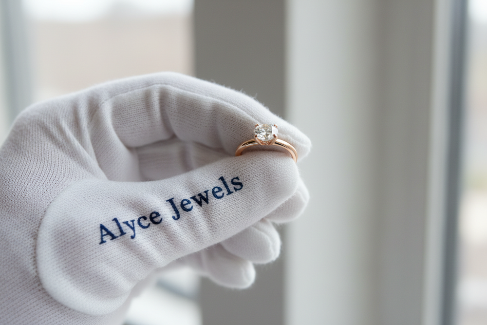8K close-up of a rose gold round solitaire ring held between white cotton gloves with ‘Alyce Jewels’ printed in a deep blue serif font. Soft natural studio light and high clarity.”