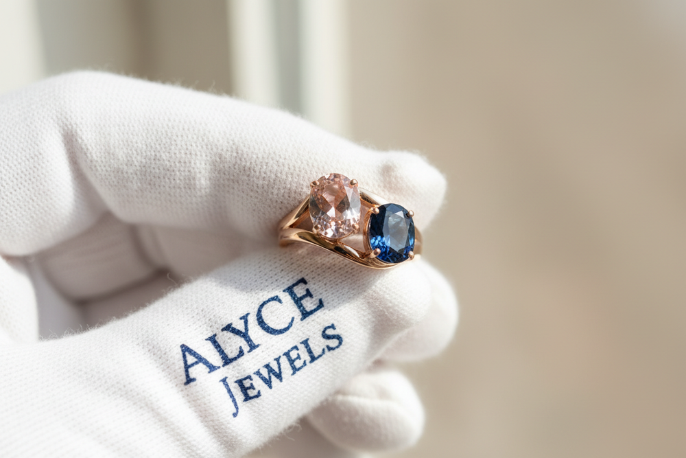 8K close-up of a rose gold Toi et Moi ring held with white gloves printed with a deep blue serif ‘Alyce Jewels’ logo. Natural reflections and smooth background.