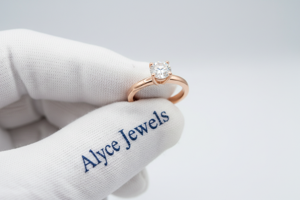8K crisp close-up of a rose gold tension-set ring held with white gloves printed with a deep blue ‘Alyce Jewels’ serif mark. Clean minimal background.