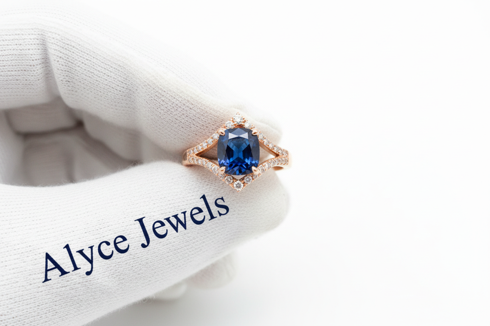 8K front-view close-up of a rose gold split shank ring held with white gloves featuring a deep blue serif ‘Alyce Jewels’ print. Balanced studio lighting