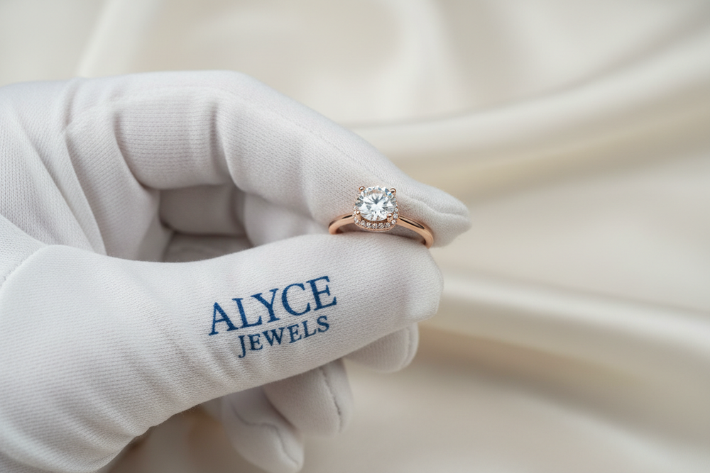 8K photo of a rose gold hidden halo ring held between white gloves with a blue serif Alyce Jewels logo printed on the fabric. Clear diamond detail and soft light.