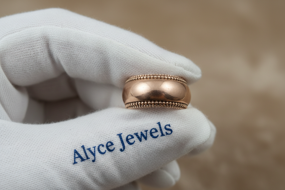 8K shot of a rose gold vintage milgrain ring held between white gloves printed with a blue serif ‘Alyce Jewels’ mark. Sharp detail and clean texture