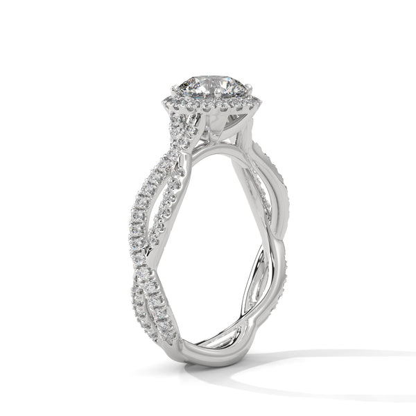 Twisted Shank Round Diamond Halo Engagement Ring