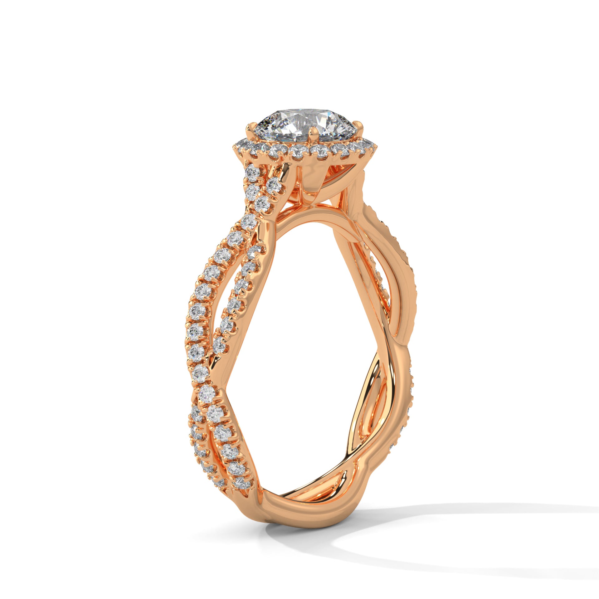 Twisted Shank Round Diamond Halo Engagement Ring